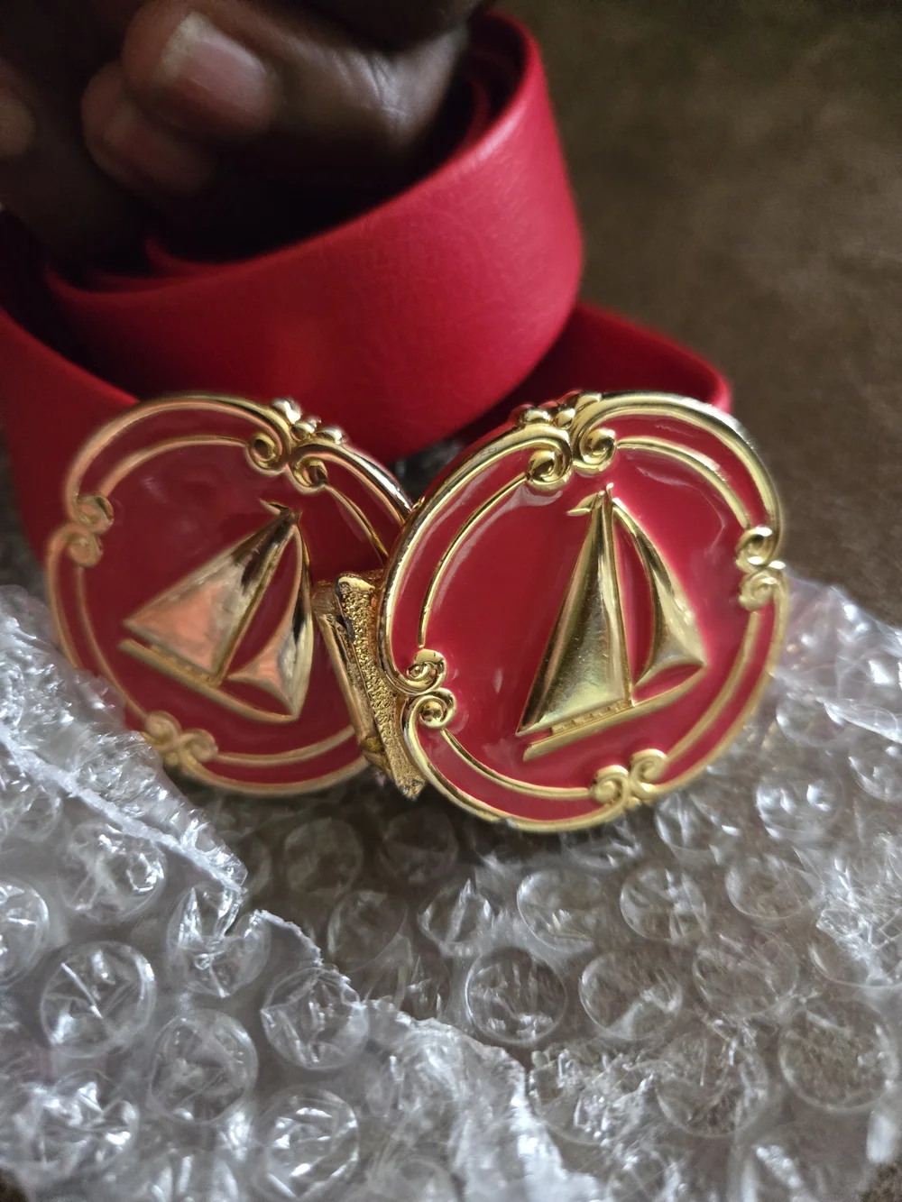 Luxury Red Leather Belt with Gold Nautical BuckleDouglas Paquette